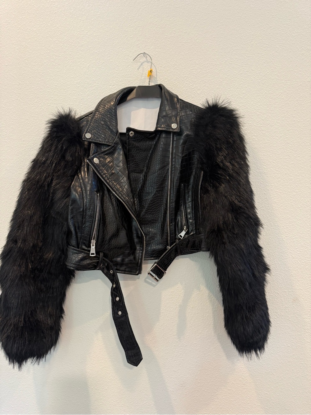Black Faux Fur Sleeve Cropped Moto Jacket - Woment Azaela Wang